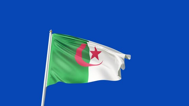 flag of algeria on a blue screen waving in the wind, symbol of the algerian people, african country, no background, maghreb, green and red crescent moon with star, tall flagpole