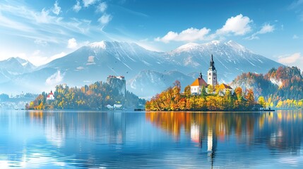 A panoramic view of Lake Bled in autumn, lake landscape nature mountains sky panorama.