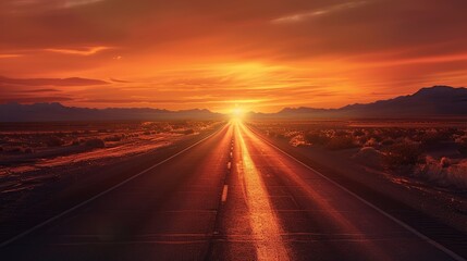 A long road to the Sunset. Asphalt road through desert landscape.