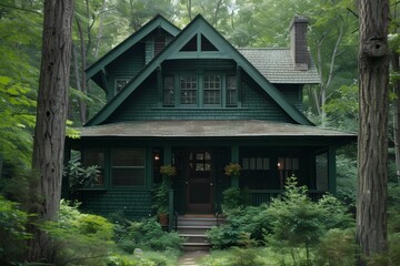 Fototapeta na wymiar A mysterious craftsman cottage exterior painted in deep forest green, blending seamlessly with the surrounding woods.