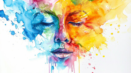 Woman's face abstract watercolor illustration on the paper with copy space. Different of Emotions. Emotional health, psychology. Depression, bipolar disorder, anger, aggressive, headache.