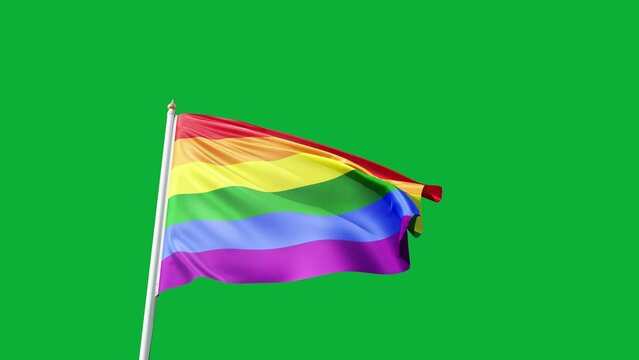gay pride flag on a green screen, waving in the wind, lgbt flag with no background,  tall flagpole, lgbtqia, queer, symbol of the gay pride, tolerance, love	