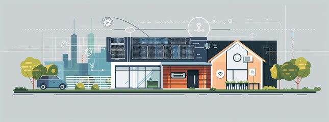 Illustration of smart home with solar panels and energy data.