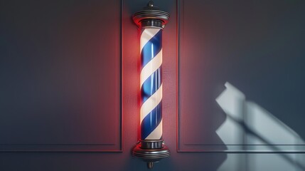 Rotating Barber Pole  Isolated On Brick Wall Background. Barber Shop Concept