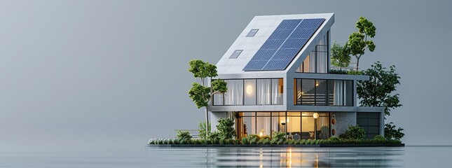 Smart home with solar panels and digital elements on a grey background, illustrating green energy technology concept.