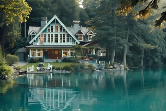 A serene craftsman house exterior bathed in light aquamarine, blending with the tranquil waters of a nearby lake.