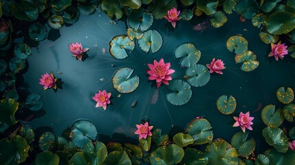 Fototapeta na wymiar Serene Lotus Pond with Perfectly Aligned Blooms, generative ai