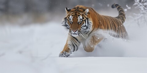 Obraz premium Action Wildlife Photography, Powerful Tiger Leaping in Snowy Landscape,