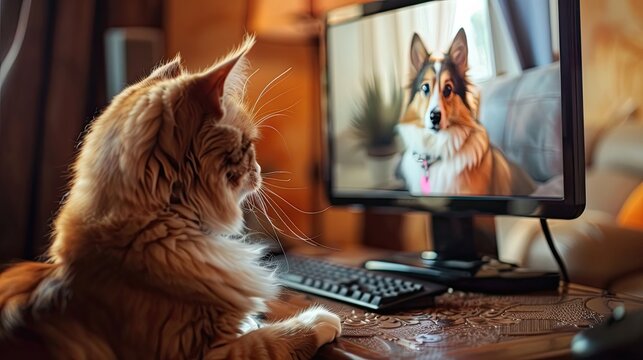 cat and dog Participate in Video Conference on Laptop.