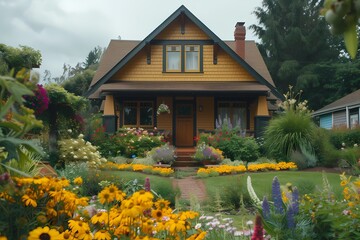 A quaint craftsman cottage exterior featuring warm ochre hues, framed by blossoming flower beds.