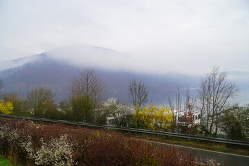 Morgendlicher Nebel über dem Edersee in Hessen an einem Frühlingstag - obrazy, fototapety, plakaty