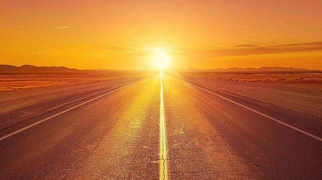 A long road leading into the distance, with an orange sunset in the empty highway background.