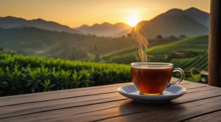 Tafelkleed Cup of hot tea with sacking on the wooden table and the tea plantations background © master old