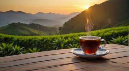 Cup of hot tea with sacking on the wooden table and the tea plantations background - obrazy, fototapety, plakaty