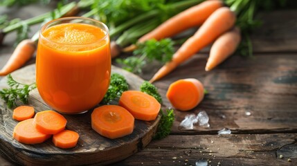 carrot juice on wooden table background, fresh and sweet carrot slices for cooking food fruits and vegetables for health concept