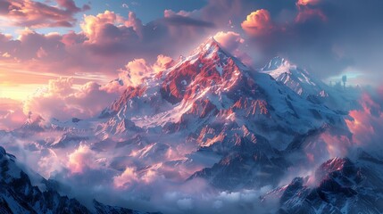 High Altitude Drama: Snowy Peaks and Rosy Light, generative ai