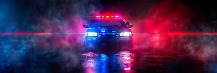 siren flashing lights with overlay effect on emergency or police cars. Red and blue police car flare surrounded by fog on dark night background.