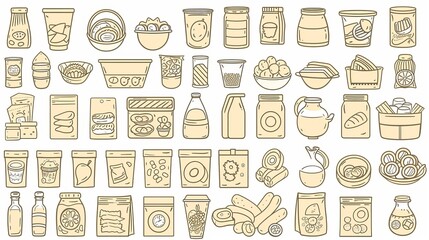 food set in packaging. Different package outline doodle drawn icon collection