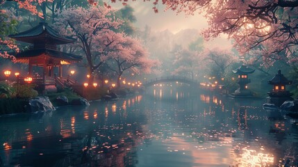 Fleeting Beauty of Spring: Misty Japanese Garden, generative ai - obrazy, fototapety, plakaty