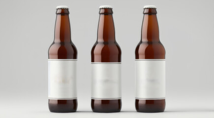 Three beer bottles with blank labels ready for branding on a white background.