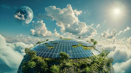 Little planet with big sustainable electric power plant with many rows of solar photovoltaic panels for producing clean ecological electrical energy. Renewable electricity with zero emission concept