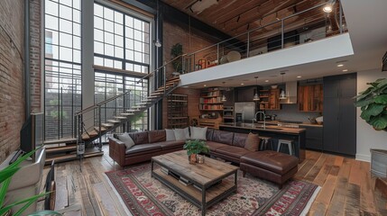 Spacious Loft with High Ceilings and Raw Material Accents, generative ai