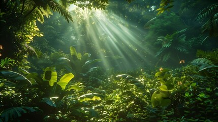 Fototapeta na wymiar Dawn's Delight: Illuminated Rainforest Flora and Fauna, generative ai