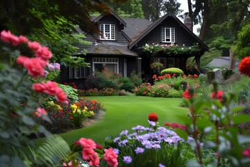 A craftsman house with a dark exterior, showcasing a beautifully landscaped garden with blooming flowers.