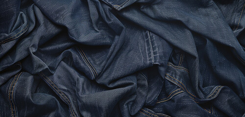 An expansive canvas of denim fabric texture, with detailed stitching and worn areas suggesting years of love and wear, capturing the timeless appeal of denim. 32k, full ultra HD, high resolution - obrazy, fototapety, plakaty
