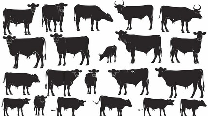 Vector silhouettes of cows and other farm animals set against a white background.