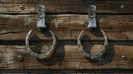 Silver horseshoe set against a blank wooden plank background. talisman, fortune, and two shiny horseshoes with holes were nailed and hung.  