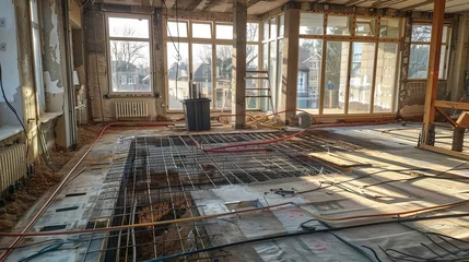 Fotobehang Underfloor heating system, ongoing construction on a flat apartment building site © Zahid