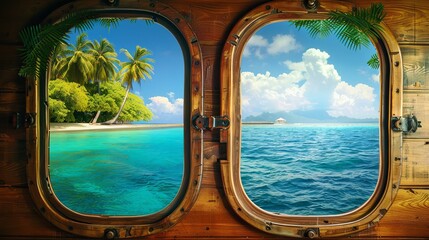 Two ship windows overlooking an island or tropical sea. Travel and adventure concept - obrazy, fototapety, plakaty