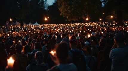 People sing the national anthem and hold candles at night, - obrazy, fototapety, plakaty