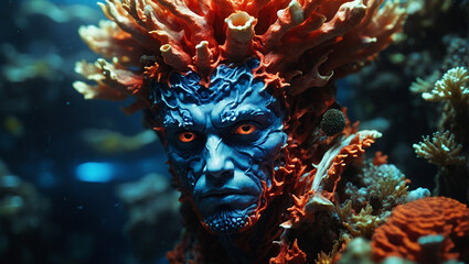Phantasievolles Gesicht eines neptunartigen, männlichen Gesichts aus Korallen unter Wasser