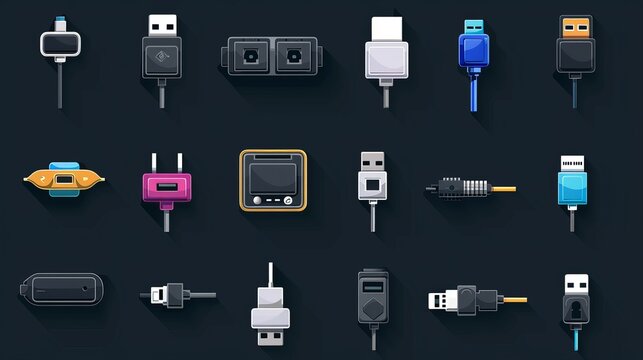 USB type icon set for Universal Serial Bus ports