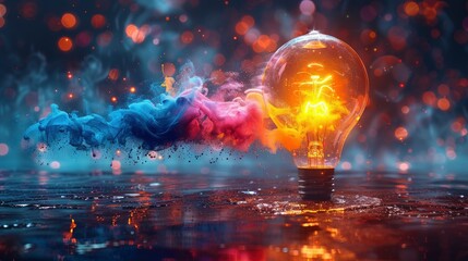 Colorful light bulb with a colorful explosion of paint