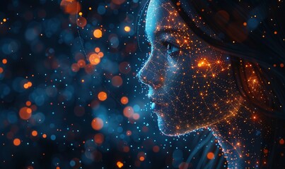Profile of a woman's head with a glowing brain and a starry sky background - obrazy, fototapety, plakaty