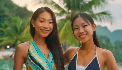 Giovani ragazze asiatiche che sorridono in piscina