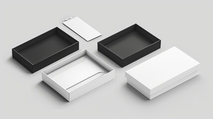 White and black packaging boxes. Open and closed white boxes, cardboard package mockup template vector illustration set 