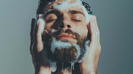 Young bearded man with eyes closed washes his face with foam. isolated on grey - obrazy, fototapety, plakaty