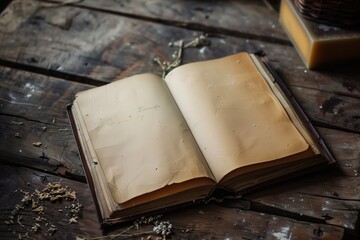 Stylish photo of empty open old pages notebook on wooden table.  Pages are brown, beige, yellow, colors Perfect mockup for your ideas!