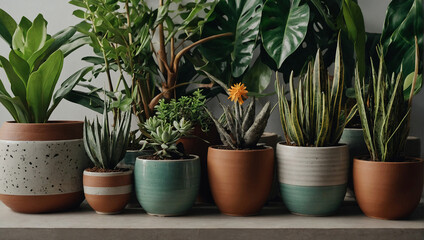 Stylish green plants in pots on a wooden vintage stand on a background of a white rustic wall. Modern room decor