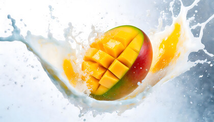 Visual Representation of the Moment a Falling Mango Collides with Water and Milk, Transformed into an Artistic Scene. Slices and Splashes.