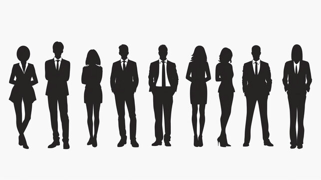 Vector silhouettes of  men and a women, a group of standing business people, black color isolated on white background