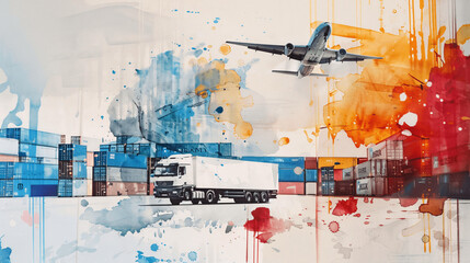 water colored logistic profile with shipping containers truck,plane, truck with less colors