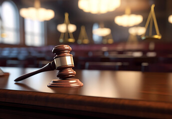 Gavel and court in front of blurred background - obrazy, fototapety, plakaty