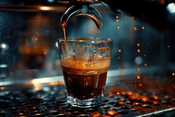 Gourmet Food Photography, Espresso Machine Pouring Rich Coffee Crema - obrazy, fototapety, plakaty