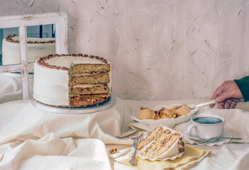 Cake and steaming hot coffee