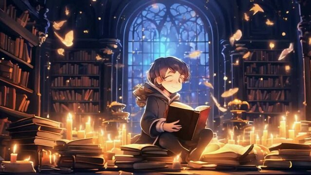 a magical library filled with floating books and enchanted creatures, as a young wizard studies spells by candlelight, cute Lofi loop anime animation Seamless looping.